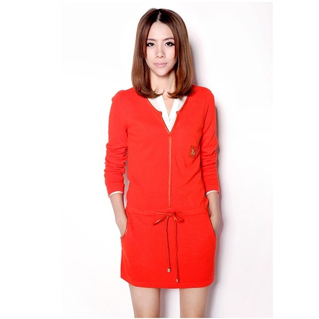 2013 spring knitted one-piece dress genuine leather all-match bordered long-sleeve wool one-piece dress 5