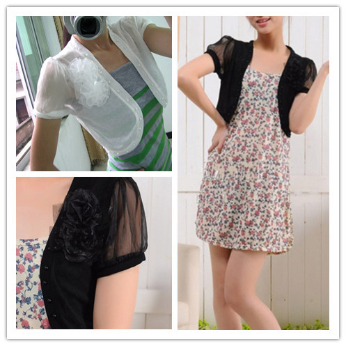 2013 Spring  knitted patchwork chiffon beading three-dimensional flower short jacket small cape waistcoat cardigan