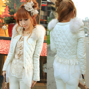 2013 spring lace gauze patchwork plaid pearl fur collar q446 wadded jacket cotton-padded jacket short jacket