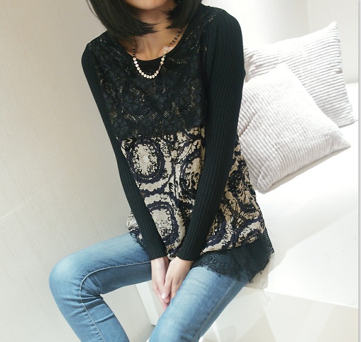 2013 spring lace sweep print long-sleeve o-neck vintage ol style women's regular