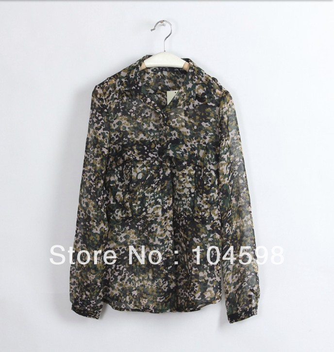 2013 Spring Ladies sheer Blouse casual turn down collar Camouflage long sleeve tops chiffon shirts for women,LF1238