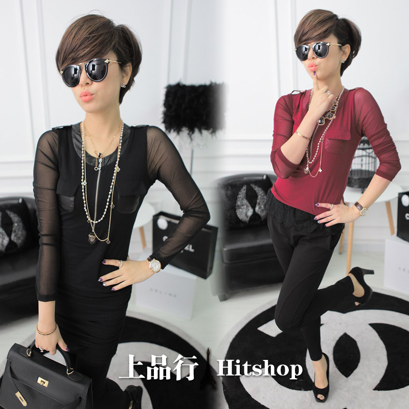 2013 spring leather gauze sleeve o-neck leopard head zipper t-shirt basic shirt female n