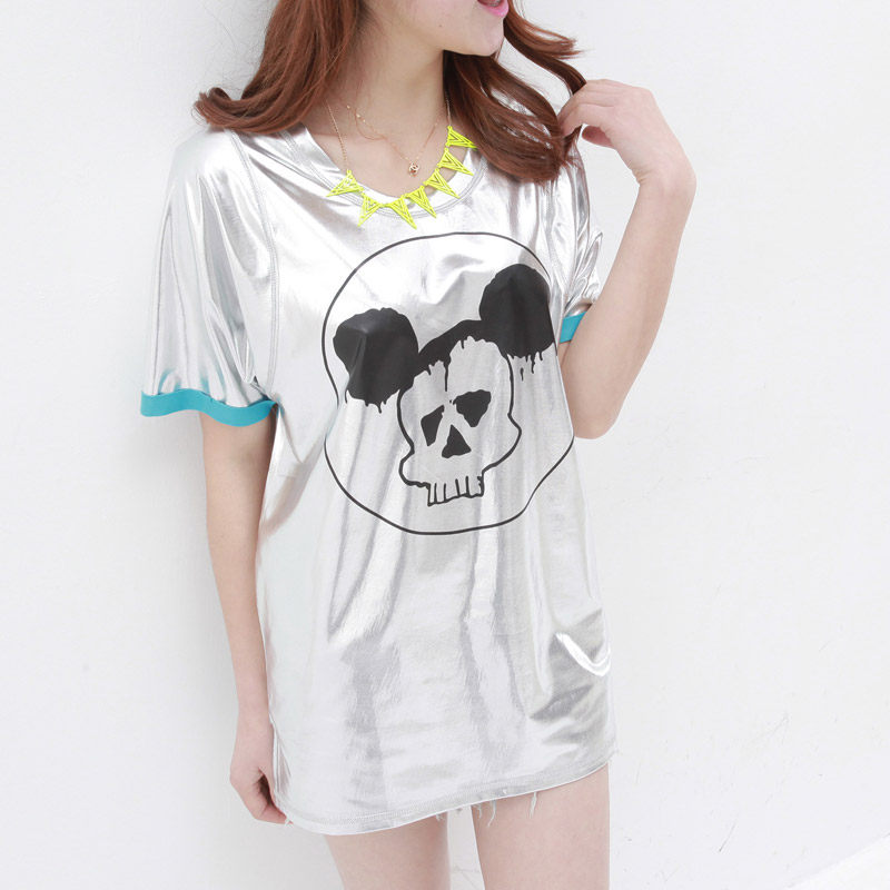 2013 spring leather mosaic print top sweatshirt short-sleeve t shirt necklace zd192