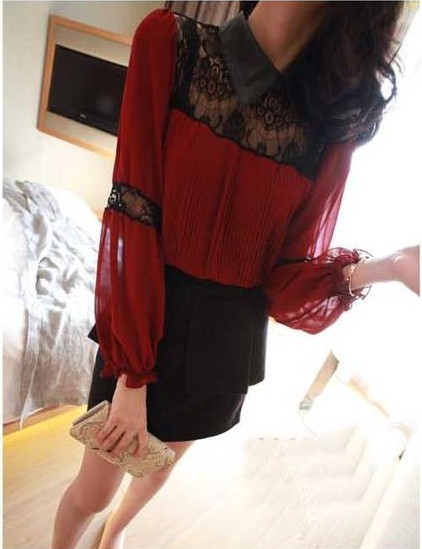 2013 spring leather small lapel sexy black lace patchwork chiffon female long-sleeve dress