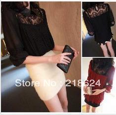 2013 spring leather small lapel sexy black lace patchwork chiffon top one-piece dress