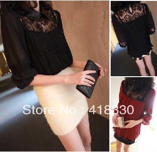 2013 spring leather small lapel sexy black lace patchwork chiffon top one-piece dress