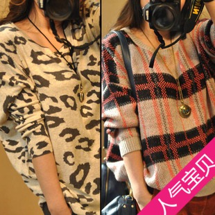 2013 spring leopard print plaid wool sweater loose sweater basic shirt sweater women's