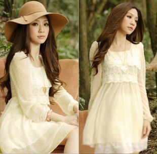 2013 Spring Long-sleeve Chiffon One-piece Lace Dress Polka Dot Skirt For Women,Free Shipping,RD401