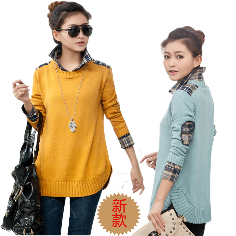 2013 spring loose design long plaid shirt collar faux two piece sweater outerwear female