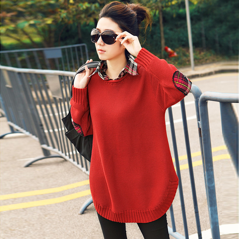 2013 spring loose plaid collar pullover knitted patchwork faux two piece sweater plus size