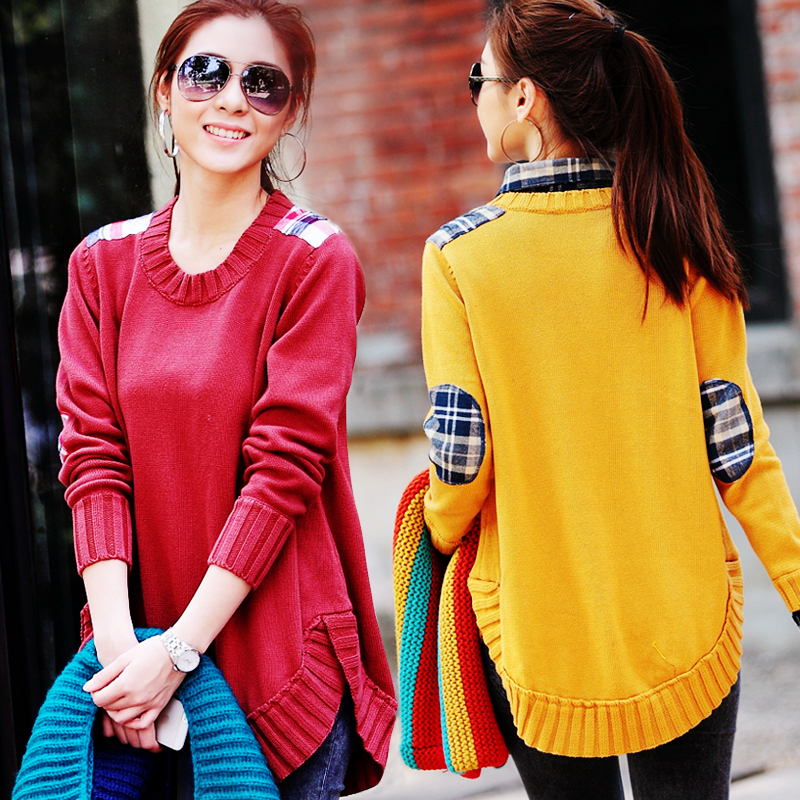 2013 spring loose plaid collar sweater pullover basic patchwork faux two piece sweater outerwear