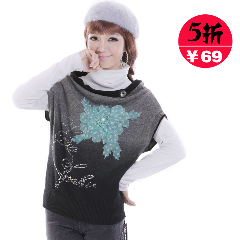 2013 spring loose plus size outerwear gradient color rabbit hair slit neckline sweater loose sweater single-piece suit