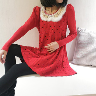 2013 spring loose polka dot sweet long design rabbit fur knitted sweater dress