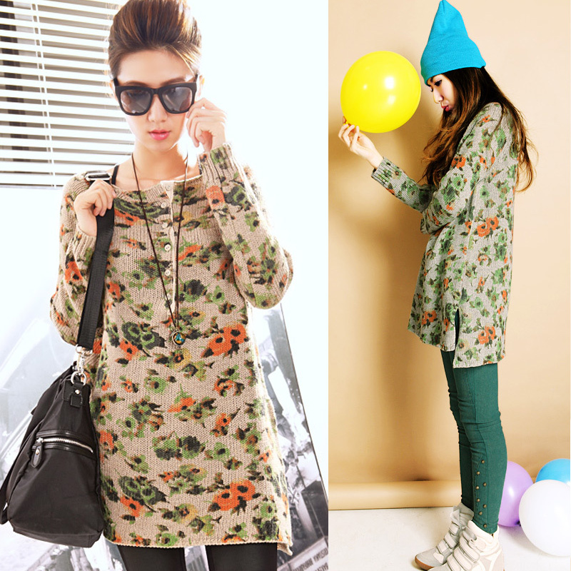 2013 spring loose print placketing medium-long lamb wool sweater z2219