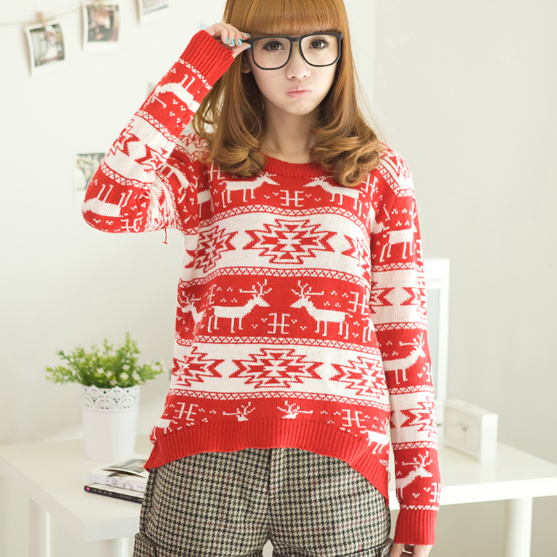 2013 spring loose pullover sweater thin female elk pattern long-sleeve short design sweater 1089