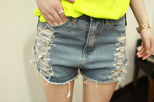 2013 spring loose roll-up hem denim shorts hole female women's shorts plus size