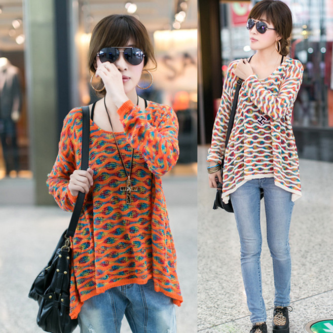 2013 spring loose stripe cutout low o-neck sweater dress female women's