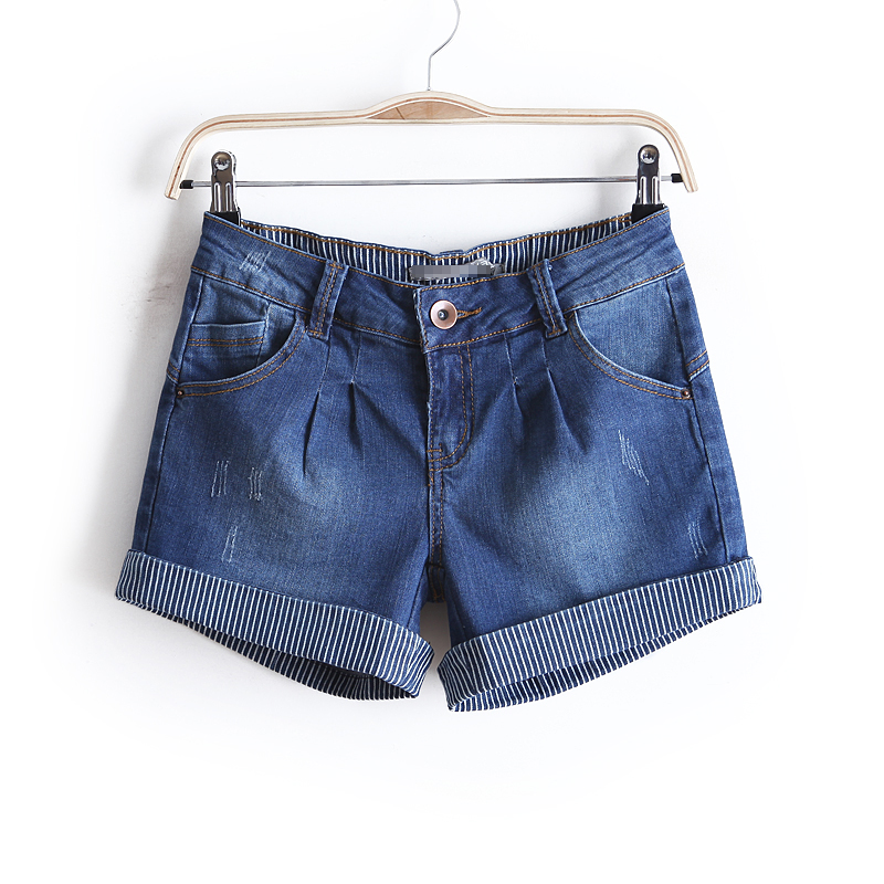 2013 spring loose stripe roll-up women's hem denim shorts female summer women shorts hot