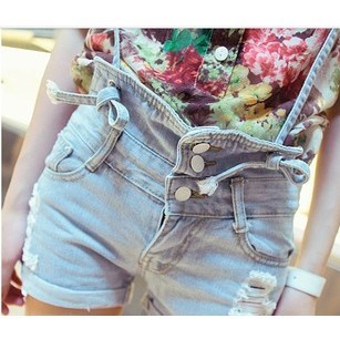 2013 spring loose water wash hole roll-up hem high waist denim shorts bib pants female 544