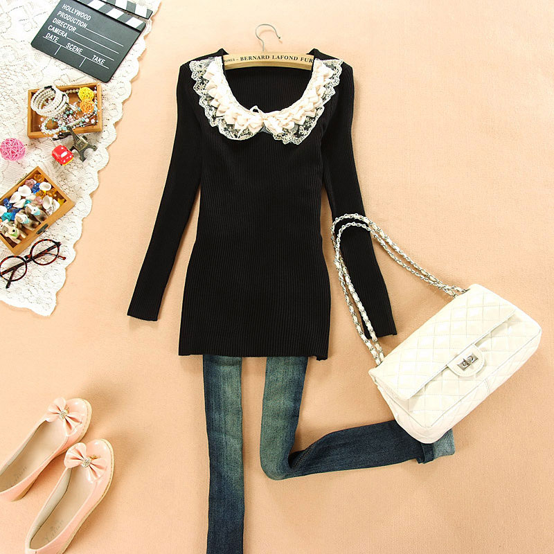 2013 spring low o-neck women's elegant lace basic shirt long-sleeve slim ruffle sweater