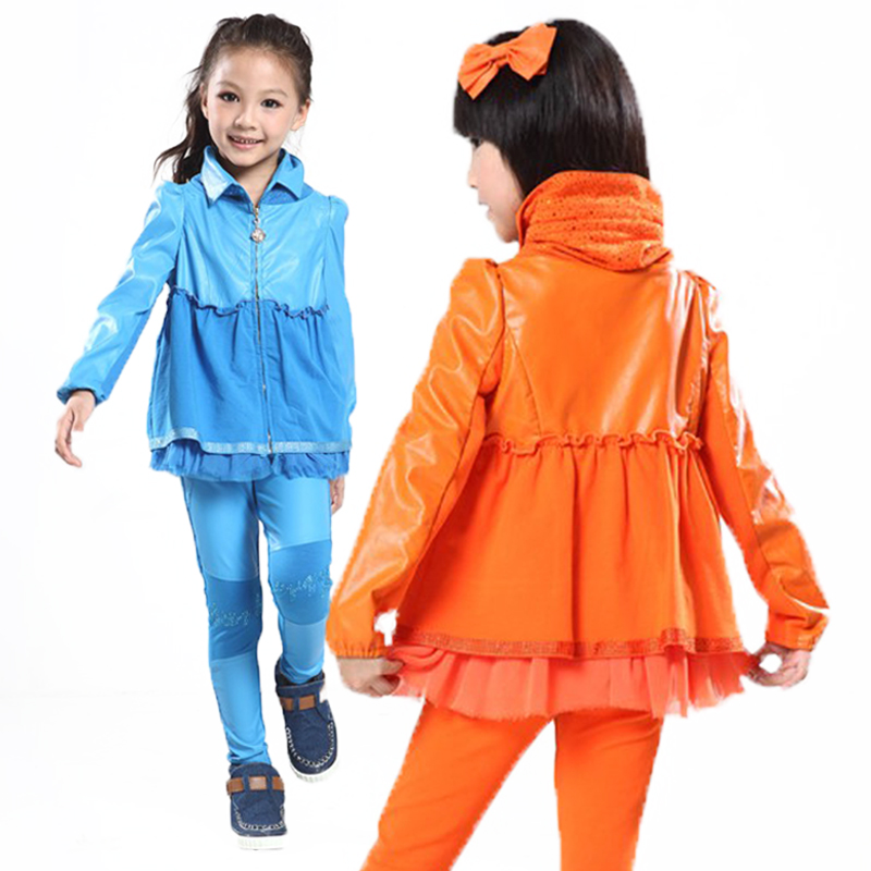 2013 spring medium-large girls clothing turn-down collar lace zipper decoration long-sleeve jacket outerwear PU trench
