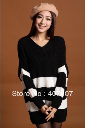 2013 spring medium-long stripe loose plus size knitted basic shirt sweater female outerwear