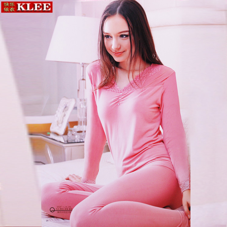 2013 spring modal underwear laciness women's foundation V-neck long johns long johns twinset