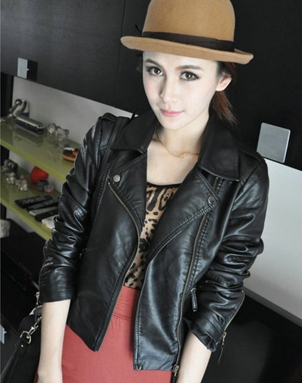 2013 spring motorcycle slanting lapel water washed leather clothing design leather short slim clothing female outerwear plus