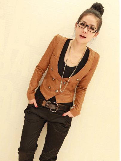 2013 spring motorcycle slim double breasted V-neck leather clothing jacket short jacket spring and autumn top outerwear LDX