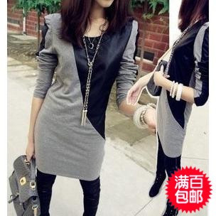 2013 spring mushroom women's slim patchwork leather handsome long design t-shirt