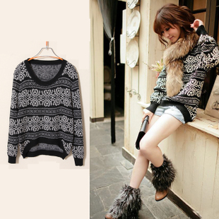 2013 spring national trend loose sweater stripe jacquard short after loose sweater female