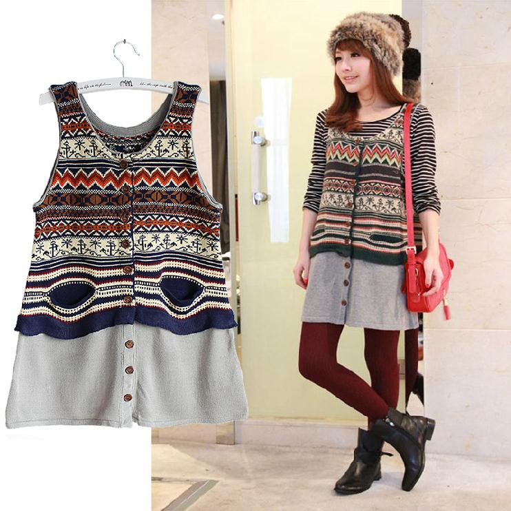 2013 spring national trend vintage decorative pattern sheep wool knitted vest medium-long a sweater