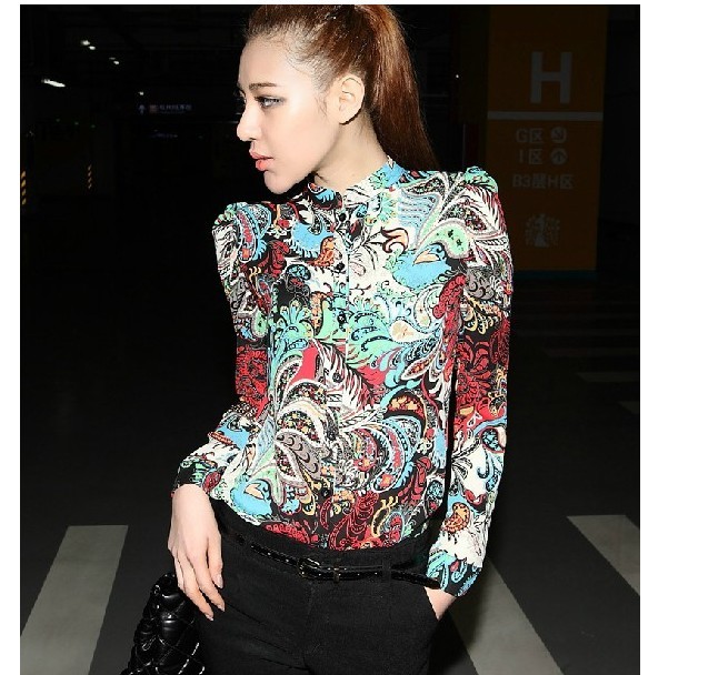 2013 Spring National Trendy Stand Collar Puff Long-Sleeve Big Fancy Elegant Slim Shirt Chiffon Blouse