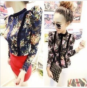 2013 spring new arrival 4 stand collar bubble lace shirt