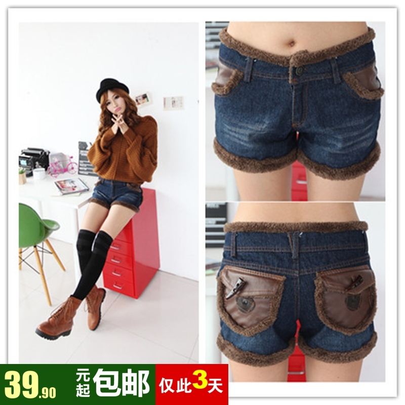 2013 spring new arrival all-match basic thermal pocket patchwork denim shorts fur flash boot cut jeans female