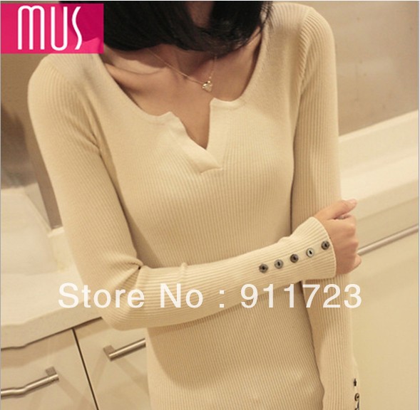 2013 Spring New Arrival Brand New Korean Fashion Style V-neck Long Sleeve Slim Fit Knitting Pullover Free Shipping Free Size