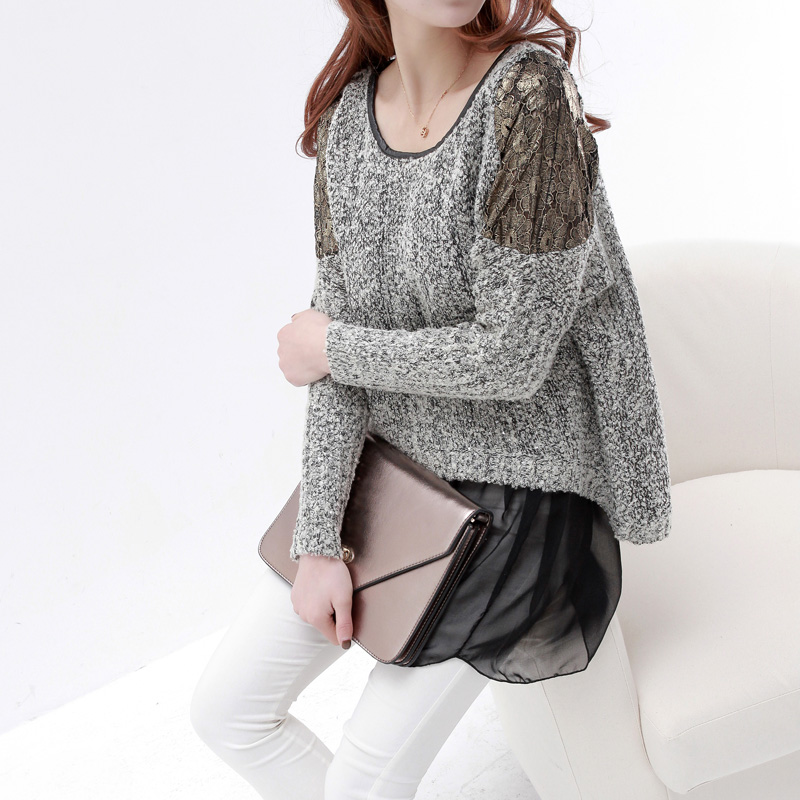 2013 spring new arrival casual loose o-neck long-sleeve chiffon patchwork crochet knitted sweater female ad372