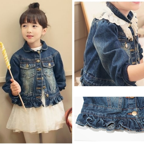 2013 spring new arrival children's clothing child outerwear female child denim top denim outerwear lace decoration trench