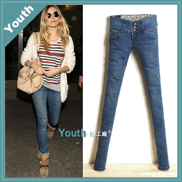 2013 spring new arrival fashion buckle elastic thin version of the blue jeans female skinny pants low-waist pencil pants