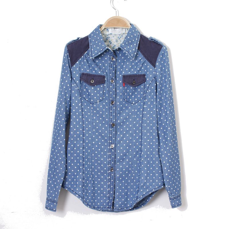 2013 spring new arrival fashion handsome patchwork slim short design polka dot long-sleeve denim shirt female Free Shipping