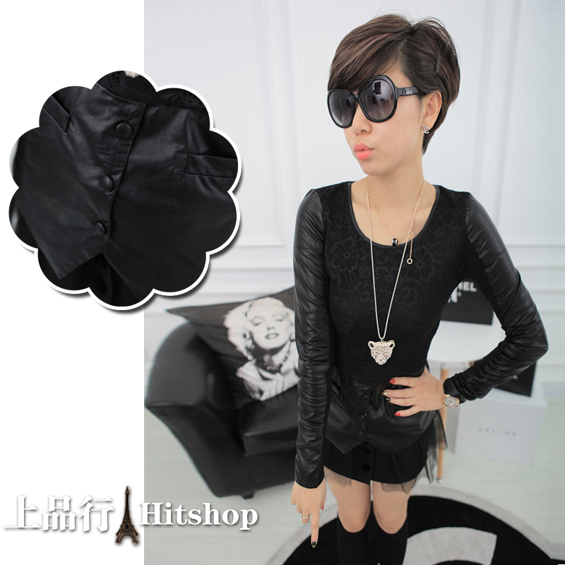 2013 spring new arrival fashion leather patchwork lace top slim t-shirt female