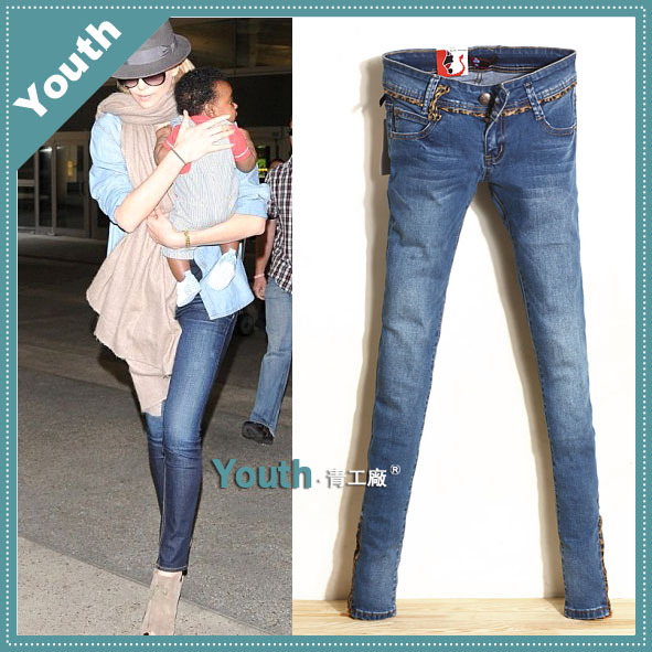 2013 spring new arrival fashion leopard print blue jeans female pencil pants trousers zipper