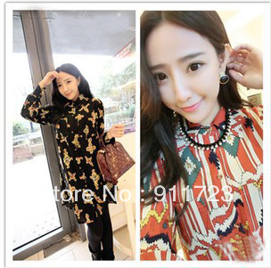 2013 Spring New Arrival Fashion Pleated Chiffon Blouse For Women/Printed Chiffon Blouse For Lady/Ladies Long Chiffon Blouse