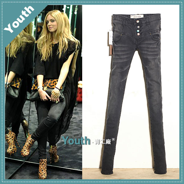 2013 spring new arrival fashion vintage color buckle in high waist black and gray Women jeans pencil pants