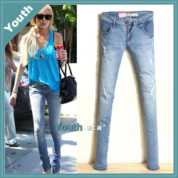2013 spring new arrival fashion water wash light blue hole jeans female low-waist pencil pants long