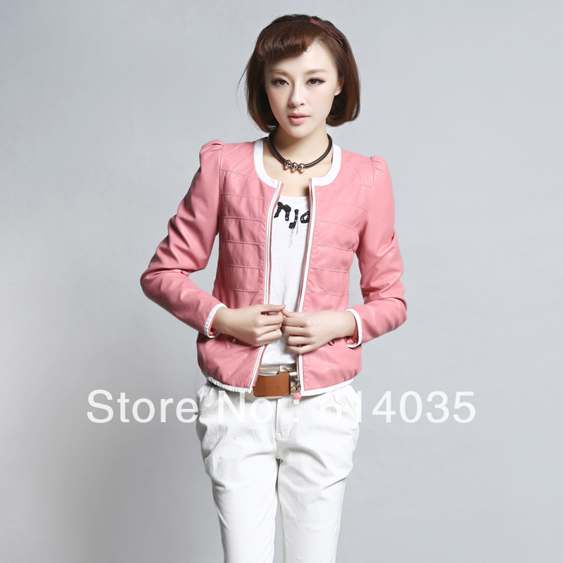 2013 spring new arrival fashion women's PU clothing design o-neck casual short leather clothing slim