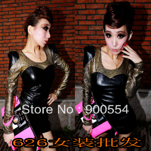 2013 spring new arrival fashion women's tight faux leather long-sleeve slim hip sexy  one-piece dress