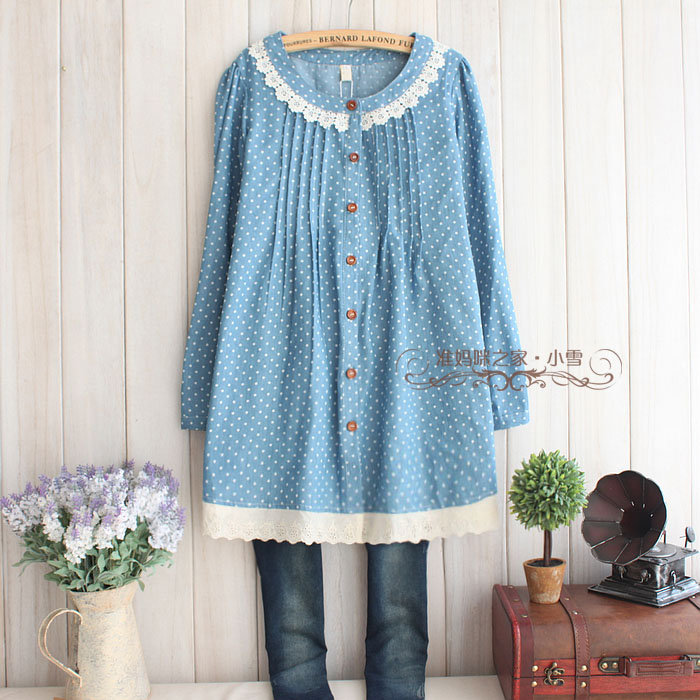 2013 spring new arrival faux denim polka dot maternity top maternity long-sleeve t w29 maternity clothing Maternity Dress