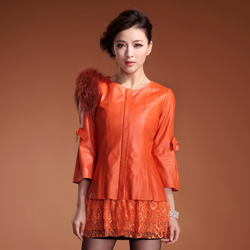 2013 spring new arrival female medium-long slim o-neck genuine leather clothing outerwear