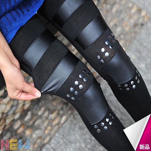 2013 spring new arrival female punk rivet faux leather legging velvet thickening cotton legging